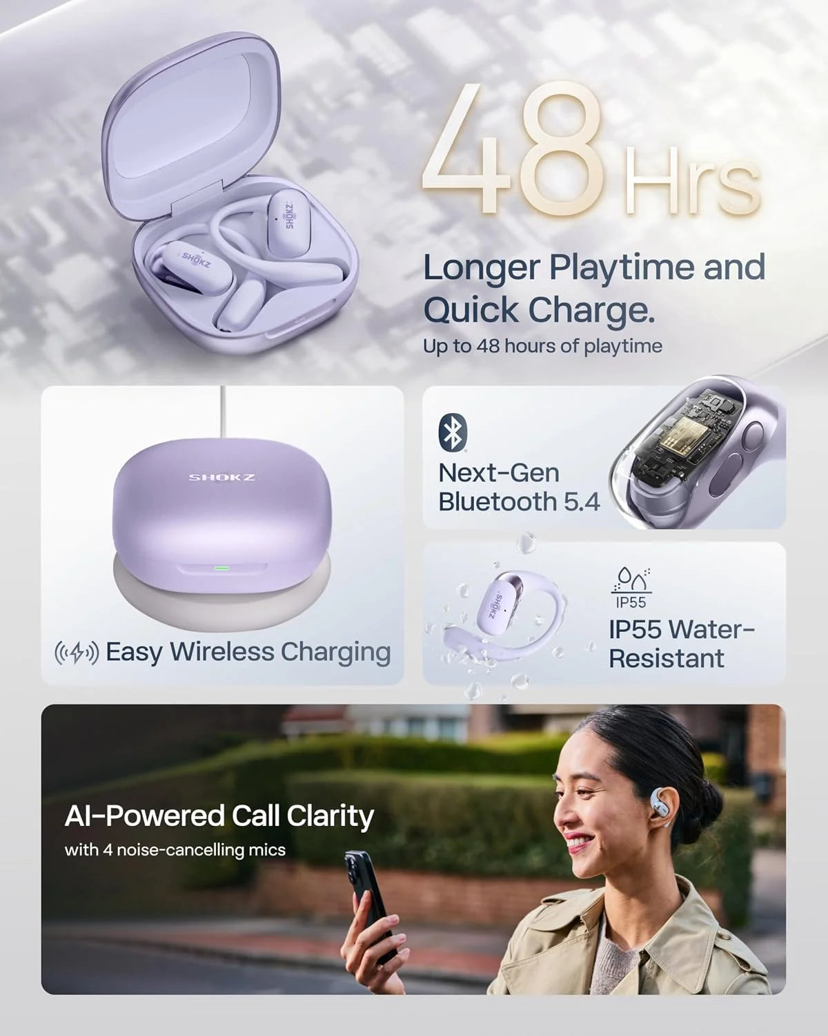 SHOKZ OpenFit 2 Open-Ear Earhook Bluetooth Earbuds, White,48H Playtime