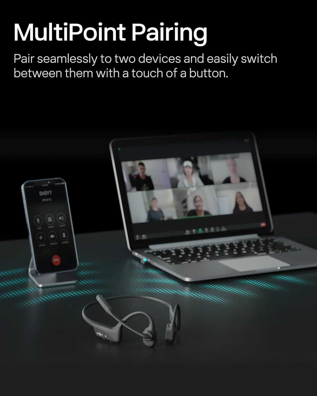SHOKZ OpenComm2 UC 2025 Upgrade - Open-Ear Wireless Computer Headset with Boom Mic, Bone Conduction Bluetooth Stereo Headphones (Renewed)